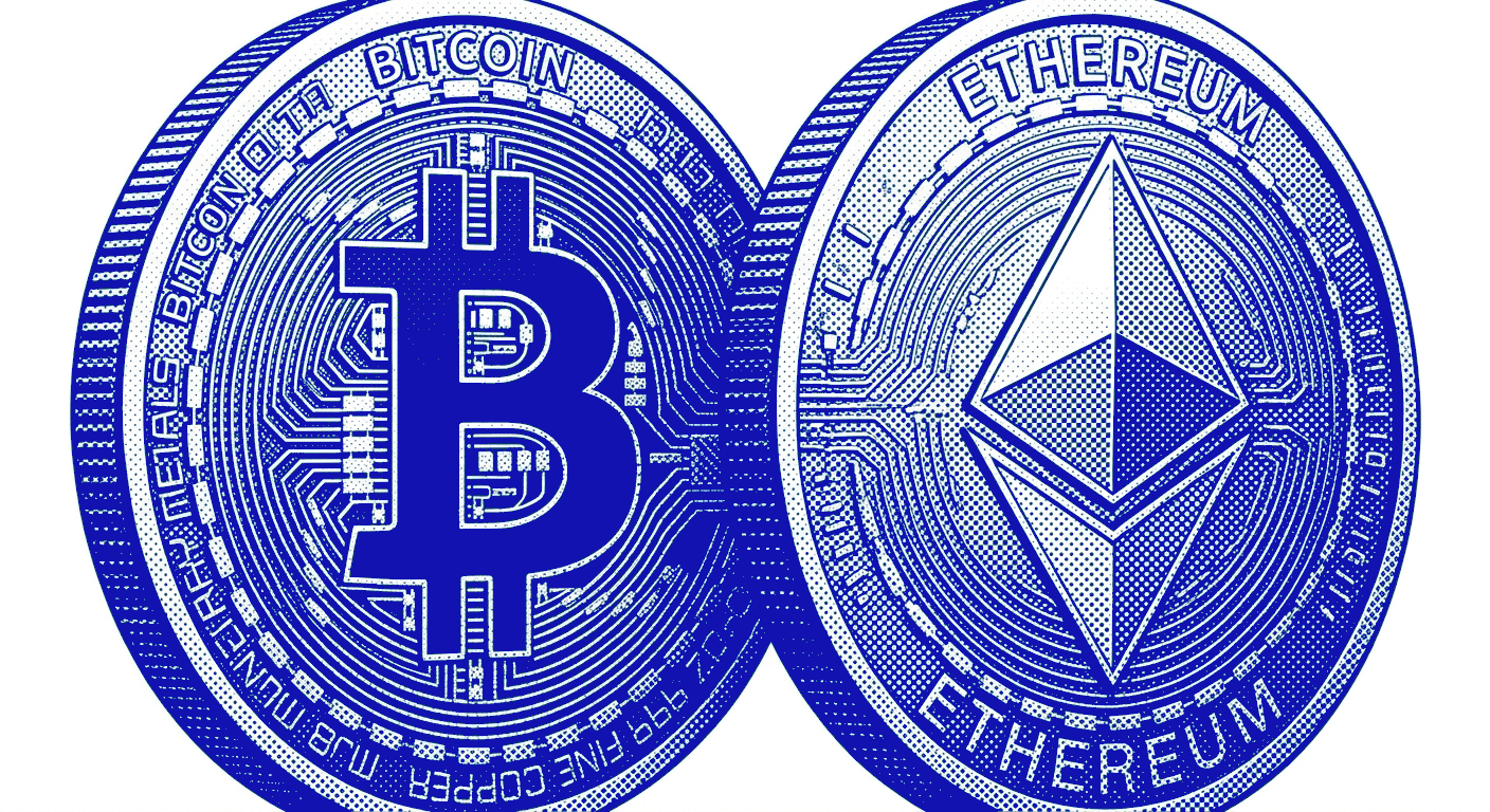 Bitcoin and Ethereum coins, drawn in blue halftone