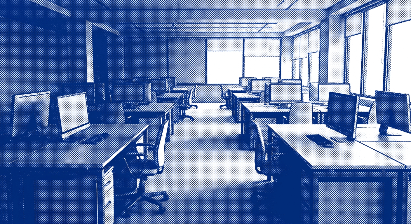 An empty open-plan office with rows of vacant desks, drawn in blue halftone