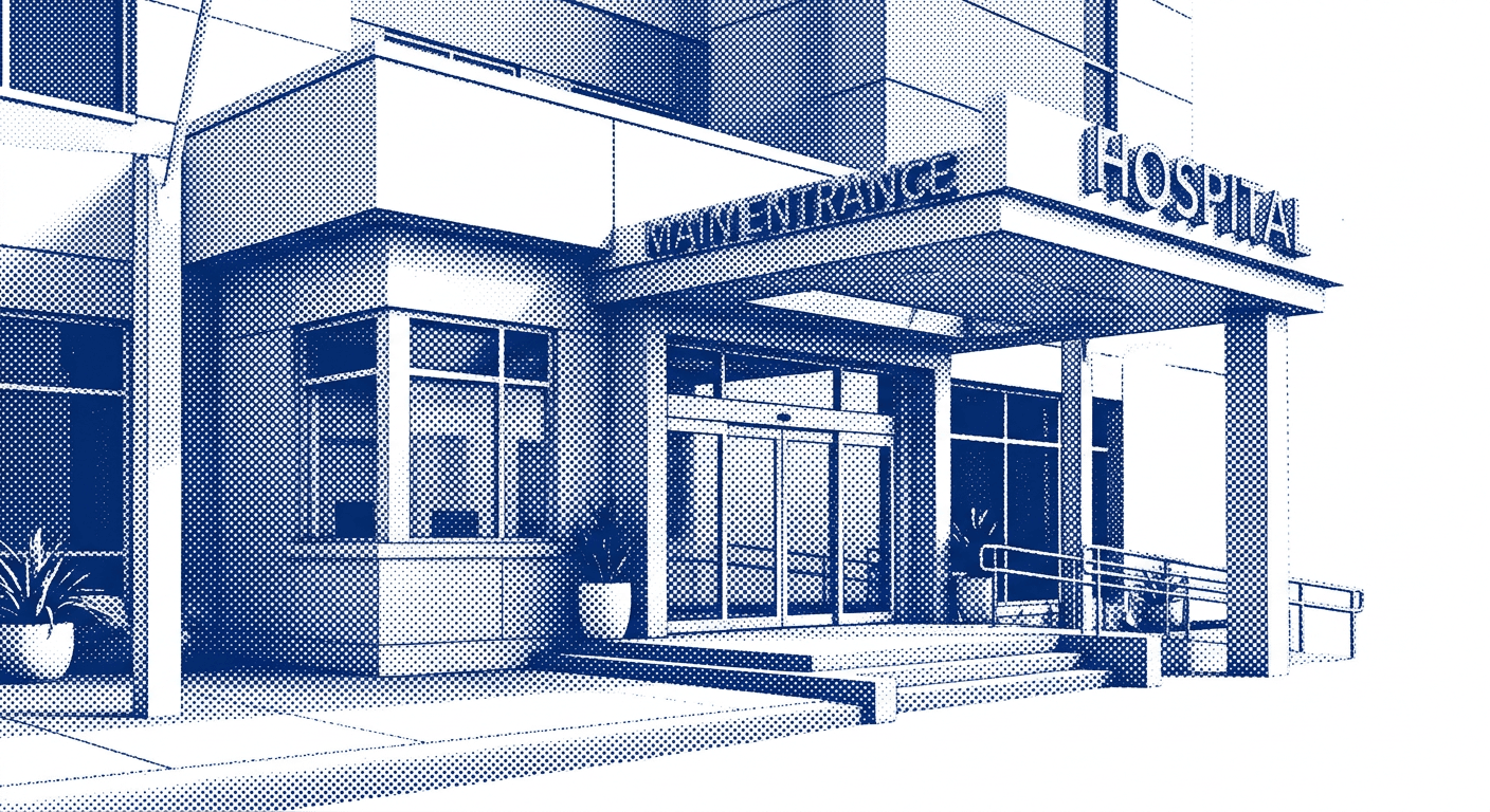 The main entrance of a hospital, drawn in blue halftone
