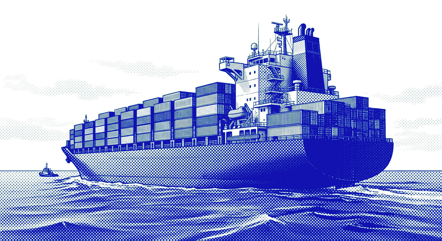 A loaded cargo ship under way at sea, drawn in blue halftone